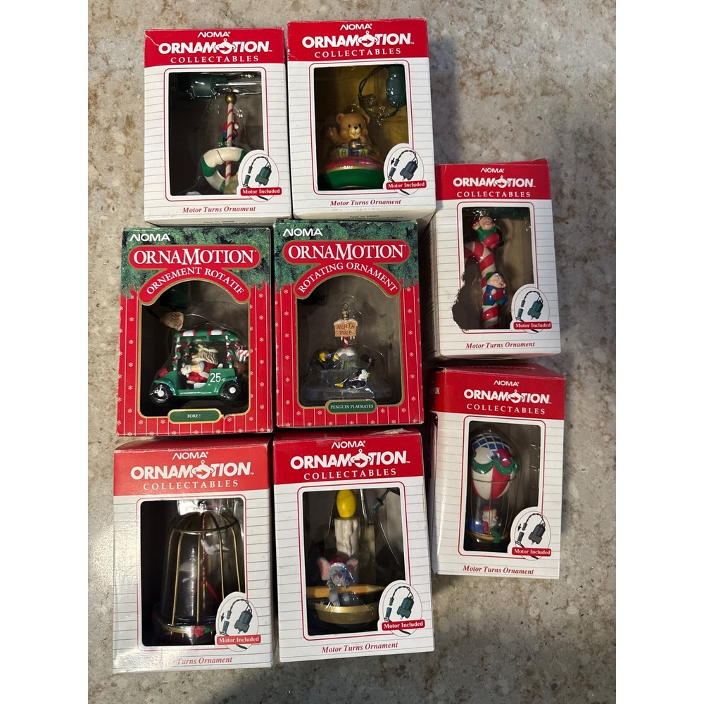 Lot of 8 Noma Ornamotion Rotating Christmas Ornaments Vintage Santa Penguin Elf